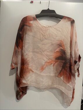 Sheer Floral Overlay Tunic Top - Cream & Brown Floral